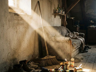 Ein staubiger, unaufgeräumter Raum in einem alten Haus, in dem ein helles Bündel Sonnenlicht durch ein kleines Fenster direkt auf ein verstaubtes Sofa, einen alten Holzbesen und herumliegende Konservendosen sowie Schuhe auf dem Dielenboden trifft. (KI-generiert)