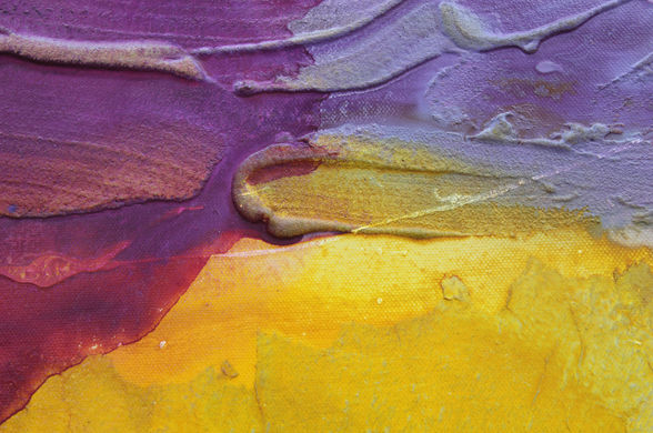Detail of the abstract painting in which the colors purple, yellow, pink and white flow into each other over a large area. There’s a richness to the surface that invites close viewing.