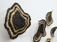 Detail of 7 stylized tree slices modeled from a homemade wood paste.