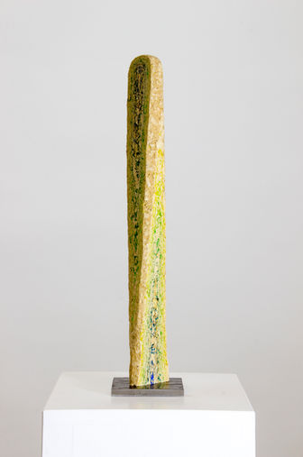 Colorful abstract stele, modeled layer by layer from a self-made wood pulp alternating with acrylic paints, mounted on a steel base.
