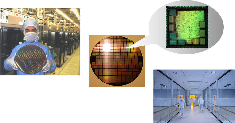 wafer and die in a silicon fab, clean room