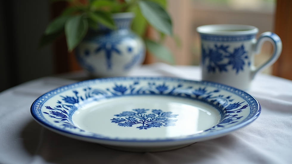 Vista de cerca de un plato de talavera con diseño tradicional azul y blanco