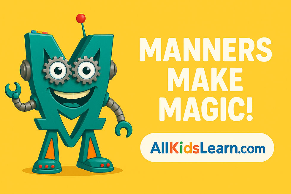 A colorful cartoon robot character named Majbot stands smiling on a yellow background with text that reads 'Manners Make Magic!' The AllKidsLearn.com logo is displayed below the tex