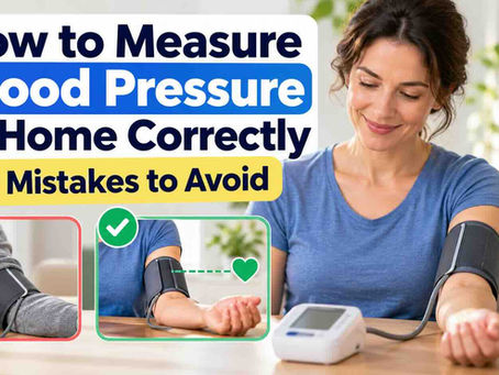Woman measuring blood pressure correctly at home with an upper-arm cuff, alongside examples of common mistakes and tips including resting 5 minutes, avoiding caffeine, sitting properly and taking two readings.