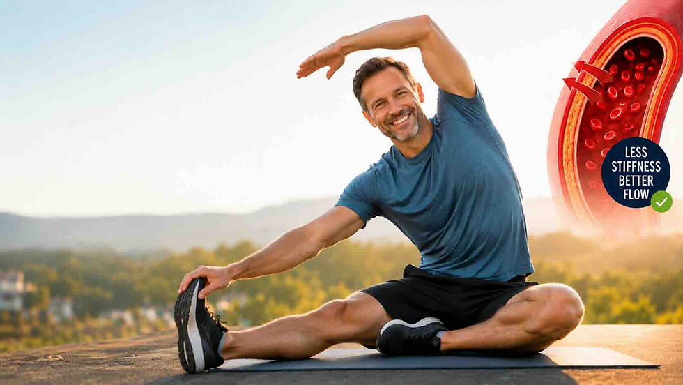 Daily stretching for artery health – smiling middle-aged man performing a seated side stretch outdoors with an artery graphic showing less stiffness and better blood flow. Research suggests regular stretching may improve flexibility, circulation, vascular function, and healthy aging.