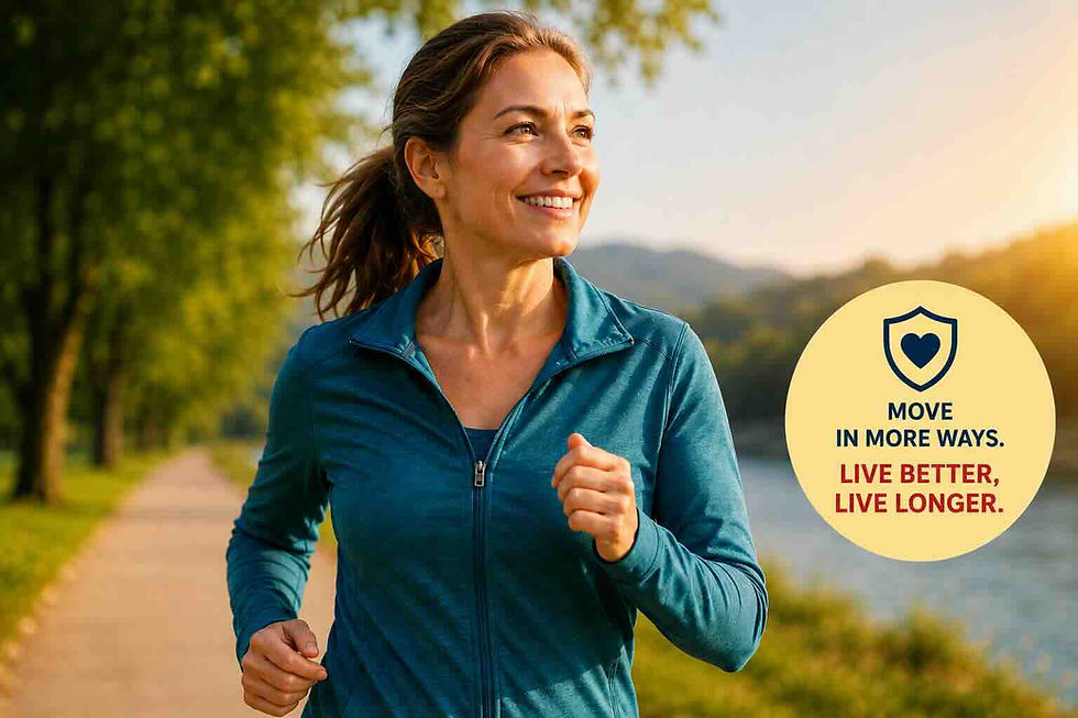 Healthy middle-aged woman jogging along a scenic riverside path at sunrise, symbolizing how exercise variety supports longevity, heart health, cardiovascular fitness, and healthy aging. The image highlights the concept that moving in different ways—such as walking, running, strength training, stretching, and other physical activities—may help reduce disease risk and promote a longer, healthier life according to new research. The motivational message “Move in More Ways. Live Better, Live Longer.” reinforces the benefits of an active lifestyle for overall wellbeing and longevity.