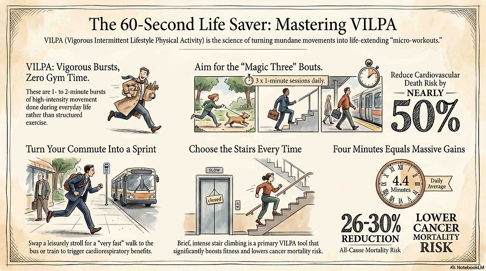 Infographic explaining VILPA (Vigorous Intermittent Lifestyle Physical Activity), a form of brief high-intensity movement incorporated into daily life. The infographic shows examples including brisk stair climbing, fast walking to catch public transport, rushing during errands, and energetic dog walking. It highlights research suggesting that three 1-minute vigorous activity bouts per day and an average of 4.4 minutes of VILPA daily are associated with significant health benefits, including nearly 50% lower cardiovascular mortality risk, 26–30% lower all-cause mortality risk, and reduced cancer mortality risk. Illustrated in a vintage educational poster style with people performing everyday activities that double as short exercise sessions.