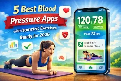 Hero image for blog post titled “5 Best Blood Pressure Apps with Isometric Exercises Ready for 2026.” A fit woman in her 30s performs a plank exercise on a purple yoga mat outdoors under a bright blue sky. To the right, a large iPhone screen displays a blood pressure reading of 120/78 mmHg with pulse 72 bpm and a section labeled “5 Isometric Exercise Plans,” featuring a small preview image of a plank workout. Heart and wellness icons float in the background, emphasizing cardiovascular health and app-based isometric training.