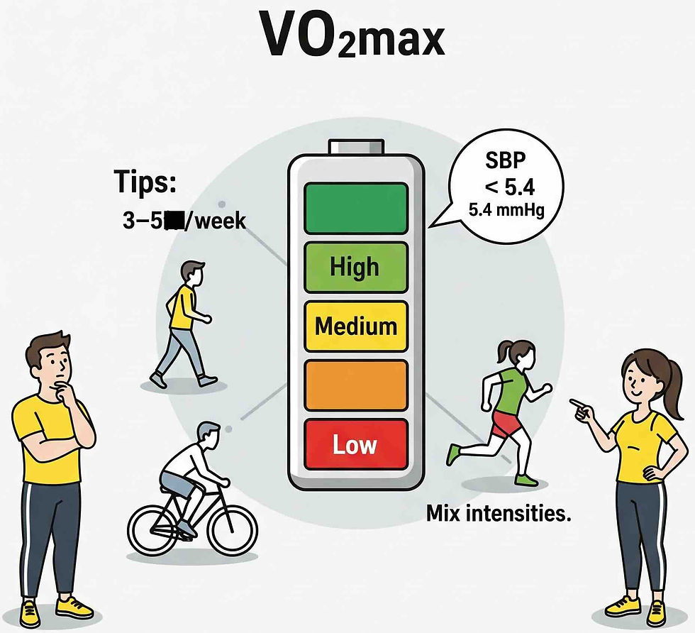 Cartoon VO₂max battery improving with aerobic exercise demonstrating the benefit of lowering blood pressure