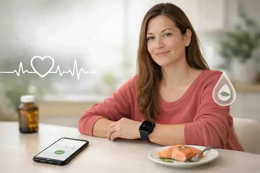 Calm middle-aged woman at a kitchen table with an Apple Watch showing a stable heart rhythm, a smartphone displaying a clean ECG-style heart graphic, and a plate of salmon symbolizing fish oil and omega-3 support for Afib heart health.