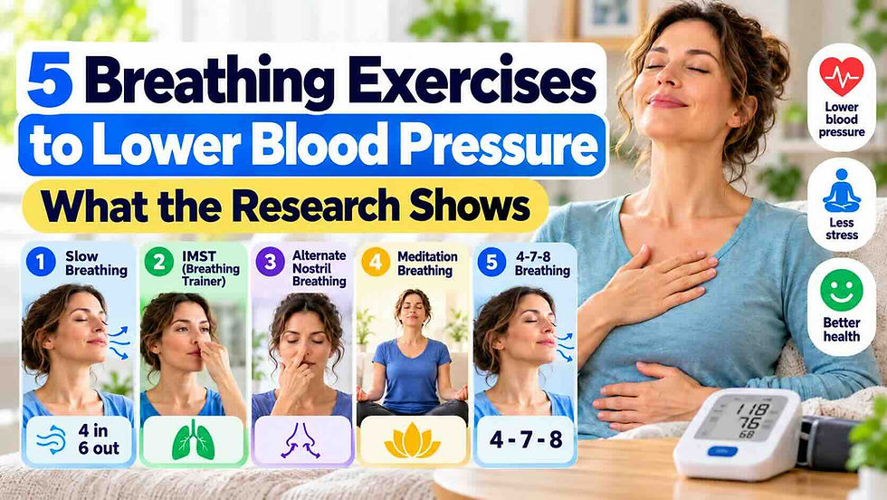Woman practicing breathing exercises for lower blood pressure, with five techniques illustrated: slow breathing, IMST, alternate-nostril breathing, meditation breathing and 4-7-8 breathing, alongside a home blood pressure monitor.
