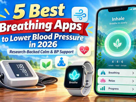 Hero image for the 5 best breathing apps to lower blood pressure in 2026, featuring a smartphone with a guided breathing exercise, Apple Watch, blood pressure monitor, heart and relaxation icons.