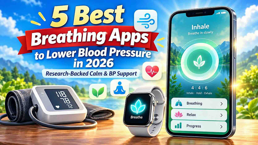 Hero image for the 5 best breathing apps to lower blood pressure in 2026, featuring a smartphone with a guided breathing exercise, Apple Watch, blood pressure monitor, heart and relaxation icons.