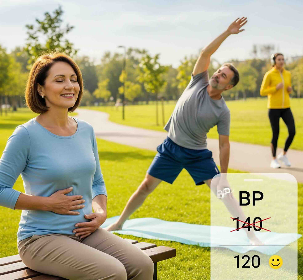 Cartoon couple practicing breathing, yoga, and walking outdoors — natural ways to lower blood pressure
