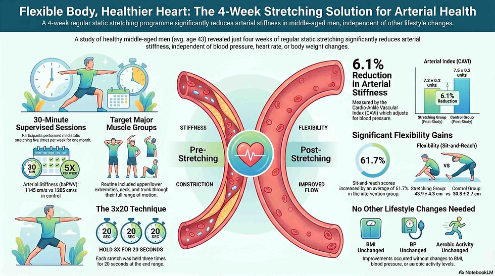 Stretching for artery health infographic showing research that daily static stretching for four weeks reduced arterial stiffness by 6.1% and increased flexibility by 61.7% in middle-aged adults. The graphic explains stretching routines, improved blood flow, healthier arteries, cardiovascular benefits, and healthy aging through regular stretching exercise.