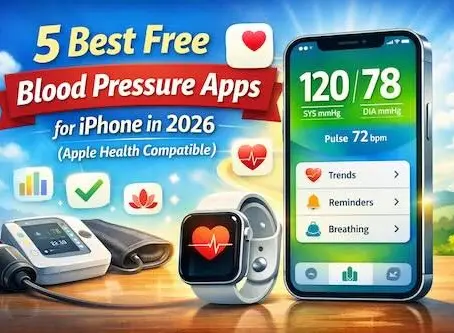 Hero image showing the “5 Best Free Blood Pressure Apps for iPhone in 2026” guide, featuring an iPhone blood pressure reading (120/78), Apple Watch, smart BP cuff monitor, and Apple Health-compatible tracking icons.