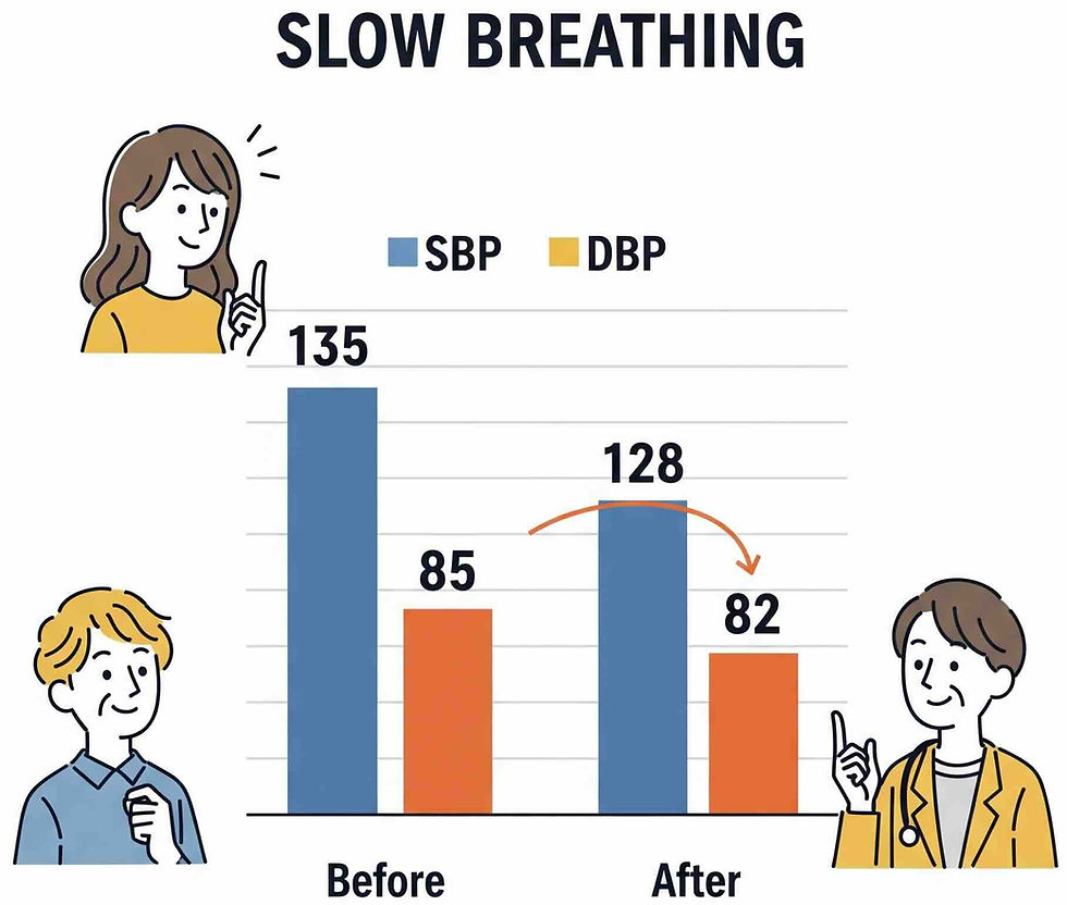 Bar chart with two bars: “Before” and “After” slow breathing (SBP: 135 → 128; DBP: 85 → 82)