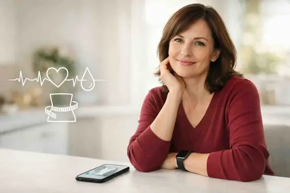 Smiling Caucasian woman in her early 40s seated at a bright kitchen table, looking confidently at the camera. A smartphone with a clean, minimal body-composition and heart-health interface rests on the table, while she wears a modern smartwatch. Subtle graphic overlays show a heart-rate line, body-fat measurement symbol, and waist-outline icon, conveying calm, trustworthy insight into body fat and blood pressure in a warm, natural home setting.