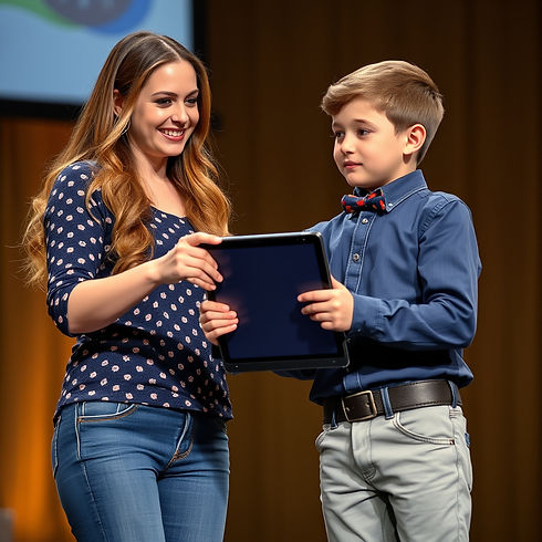 a beautiful young lady presenting a tablet pc to a smart boy on stage.jpg