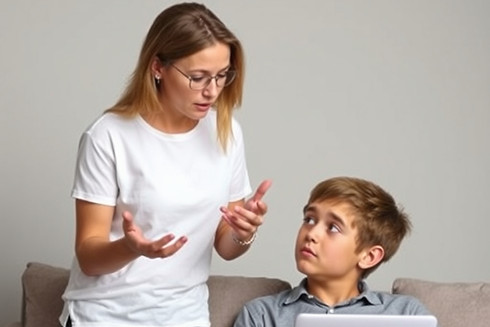 A mother seriously explaining her teen boy.jpg