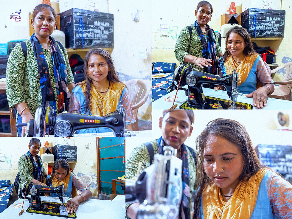 Manju demonstrates the sewing machine to Rinku