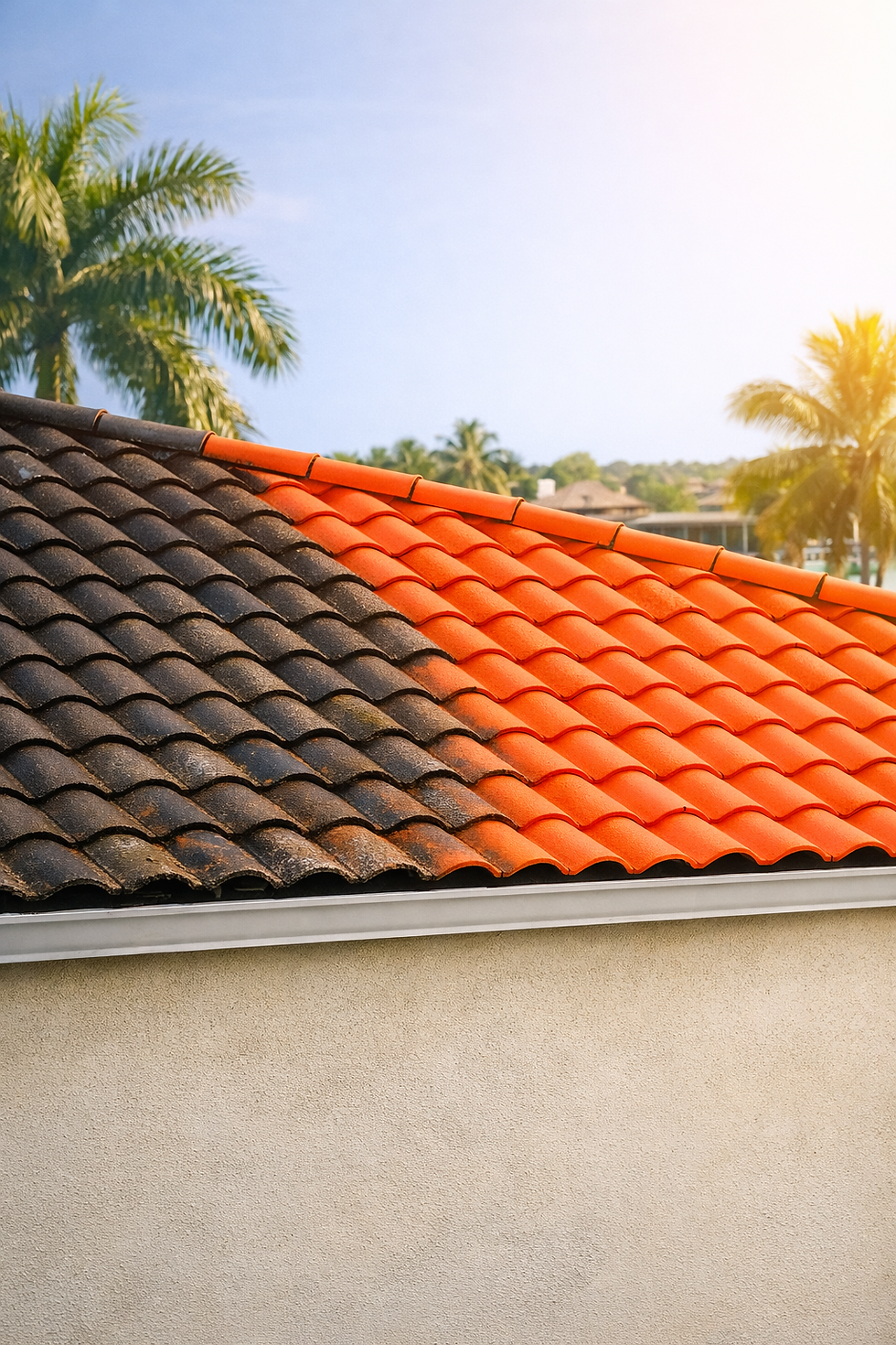 A sloped roof with red ceramic tiles is shown, half of which appear clean and vibrant while the other half is darkened and stained with visible dirt and mold. The image highlights the dramatic difference before and after roof cleaning. In the background, there are palm trees and a clear blue sky, suggesting a warm, tropical climate. This photo is ideal for SEO related to roof cleaning, home maintenance, and exterior restoration services.