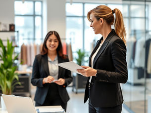 Two women in suits converse in a modern retail setting with large windows, clothing racks, desks, and plants. One holds papers, the other smiles near a laptop. 