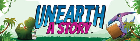 Logo for the summer reading program. Text reads "Unearth A Story". There is a dinosaur leaning on a stack of books on one side of the text and a dinosaur reading a book on the other side of the text.