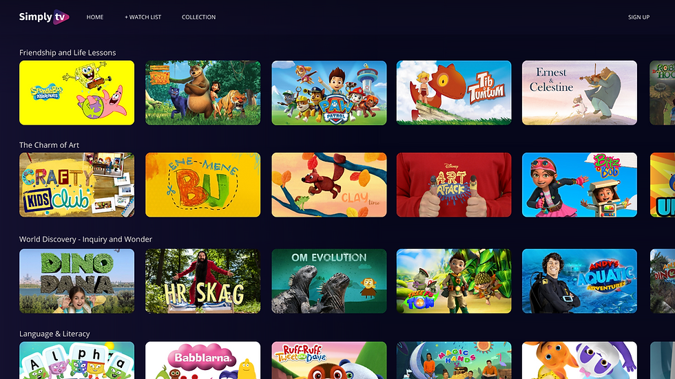 User interface showcasing Kids educational tv metadata as content carousels on: everyday learning, arts and crafts, language and literacy