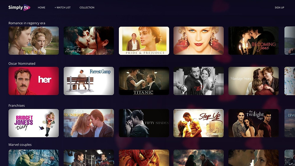 UX/UI TV metadata showcasing collections based on keywords. Featured movies are: Her, Forest Gump, Titanic, Becoming Jane, Step up, Bridget Jones's diary, The Twilight Saga and a series of Marvel couples