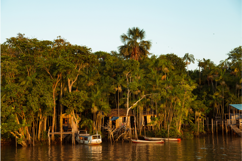 Comunidad amazónica ribereña rodeada de selva y canoas tradicionales, un paisaje clave para el turismo regenerativo y los debates de la COP30 sobre economías locales y conservación.