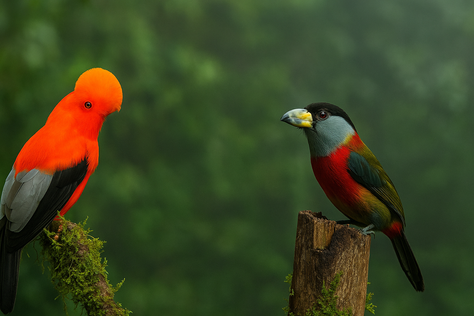Dos especies emblemáticas del Chocó Andino en su hábitat natural. A la izquierda, un Gallito de Roca Andino (Rupicola peruvianus) con plumaje naranja intenso y cresta prominente, posado sobre una rama cubierta de musgo. A la derecha, un Tucán Barbudo (Semnornis ramphastinus) de colores vivos —rojo, azul, amarillo y oliva— perchado sobre un tronco húmedo. Ambos se destacan sobre un fondo verde profundo y brumoso propio del bosque húmedo tropical del Valle del Cauca, Colombia.