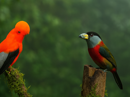 Dos especies emblemáticas del Chocó Andino en su hábitat natural. A la izquierda, un Gallito de Roca Andino (Rupicola peruvianus) con plumaje naranja intenso y cresta prominente, posado sobre una rama cubierta de musgo. A la derecha, un Tucán Barbudo (Semnornis ramphastinus) de colores vivos —rojo, azul, amarillo y oliva— perchado sobre un tronco húmedo. Ambos se destacan sobre un fondo verde profundo y brumoso propio del bosque húmedo tropical del Valle del Cauca, Colombia.