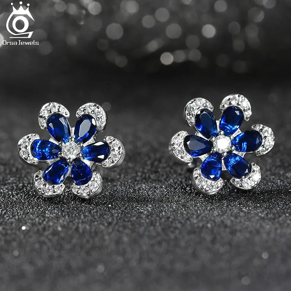 Thumbnail: ORSA JEWELS 925 Silver Flower Shape Blue Sapphire Jewelry Set Clear Cubic Zircon