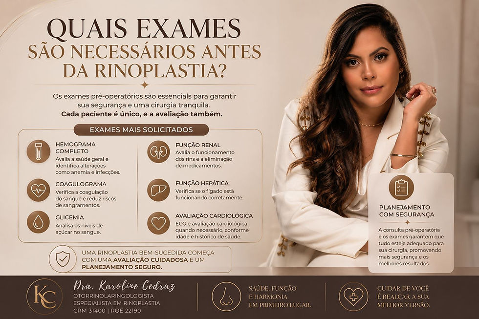 A rinoplastia é uma cirurgia que exige planejamento, segurança e uma avaliação detalhada do paciente. Antes do procedimento, é fundamental realizar alguns exames para verificar as condições gerais de saúde e garantir que tudo esteja adequado para a cirurgia.