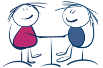 Illustratie van twee figuren in een persoonlijk coachingsgesprek op locatie