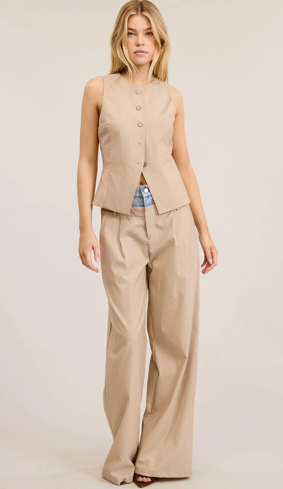 Thumbnail: Beige Pinstriped Button down Vest