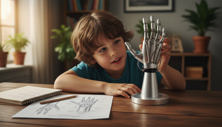 Eye-level view of a child studying a robotic hand model beside a notebook