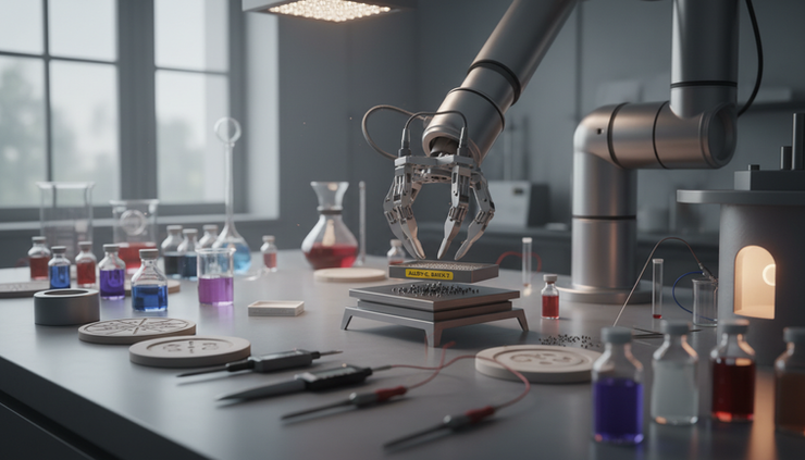 Close-up view of a robotic arm handling small material samples in a science lab