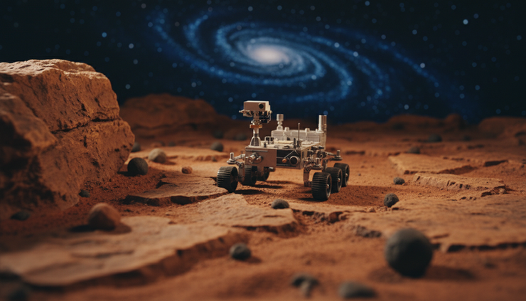 Low-angle view of a small rover model crossing a rocky Mars-like surface