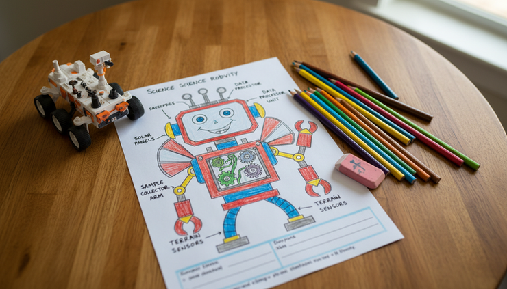Overhead view of a robot design activity sheet with a labeled student drawing