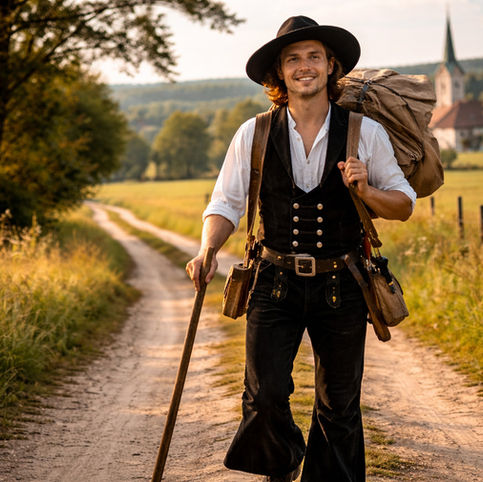 Ein Handwerker auf der Walz bei der Wanderschaft in der Landschaft