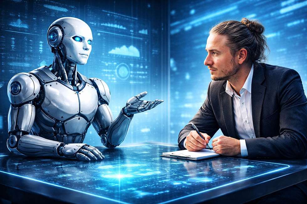 Marco Wichert interviewt eine künstliche Intelligenz in einem virtuellen Raum