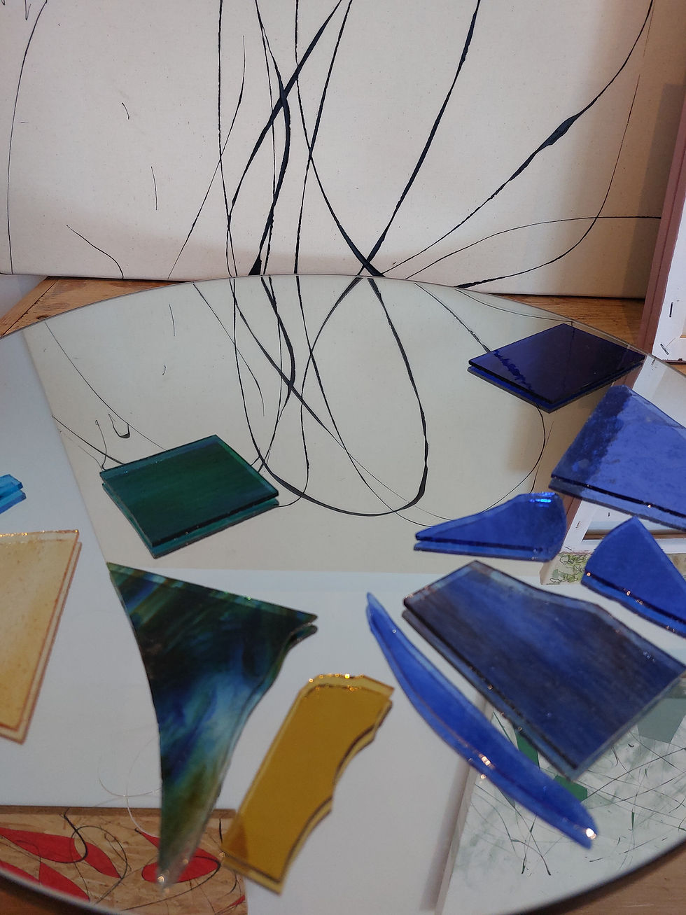 © Emily Jolley, studio shot - paintings and glass works in progress (summer 2026)