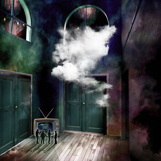Contemporary artwork featuring a vintage television in the left corner with the words “Breaking News” glowing on the screen. Four silhouette figures—a news reporter, camera crew, and interviewee—stand in front of it, frozen in anticipation. A single cloud drifts through the foyer, symbolising emotional weight, public scrutiny, and the fleeting nature of the news cycle. The piece blends symbolic art, media commentary, and astrology‑inspired themes.