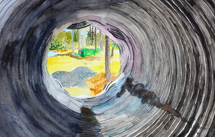 Artist Roger Callen, Scene through the pipe, watercolour on arches paper