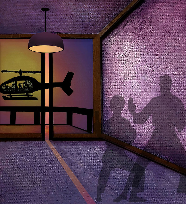 Helicopter flying close a balcony. Father and son in defensive karate stance