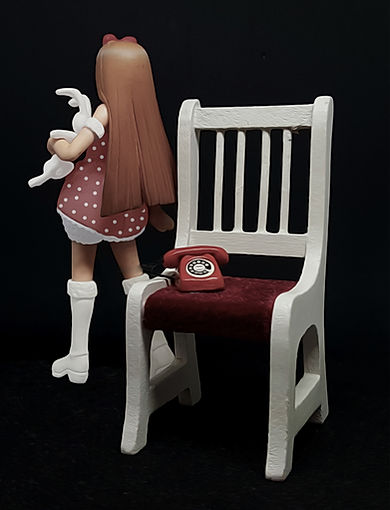 Dr Julie Rees, Brisbane Artist, life, Phone, girl, bunny, chair, red, white, girl in red dress, phone, art, photography