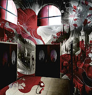 What's Your Emergency (2025) captures the alignment of Mars and Uranus, channelling their combative energies into our environment and lives. Red (Mars) and white (Uranus) light cascade outside the foyer's two windows, showcasing the energy release. An old red telephone lay on the foyer floor of the home, its receiver askew, indicating a drama so urgent that it required immediate departure. The images on the wall juxtapose each other: the monochrome mural depicts a partial spiritual ceremony designed to harmonise the chaotic forces produced by the Mar-Uranus influence. Superimposed on this mural is a biomorphic image that resembles splattered blood ominously spilling onto the floor, thus emphasising a menacing effect. In this piece, I chose to portray the chaotic aftermath of an unforeseen mishap to underscore the volatile, fleeting influence of Mars-Uranus' energy. This force crashes into existence, leaving behind a deserted scene that echoes its swift, dramatic exit.