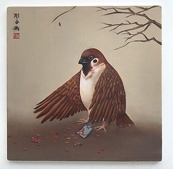 Noriko Sugita | Cleaning Sparrow | oil on board | 25.4 x 25.4cm | 2017